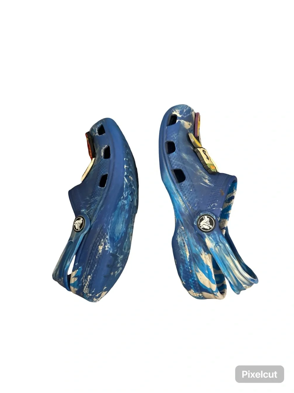CROCS Kids Blue & White Swirl Clogs with 12 Fun Jibbitz Charms Size 2